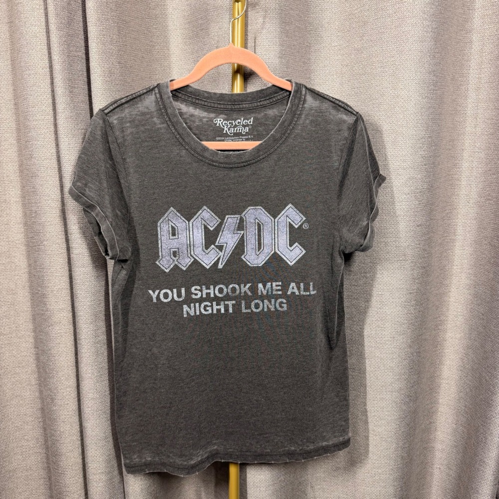 Recycled Karma AC/DC Graphic Tee Mineral Wash Grey Rock Band Shirt Womens Medium